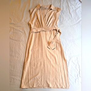 DKNY sz 12 Linen Safari Style Tan Pleated Belted Midi Dress